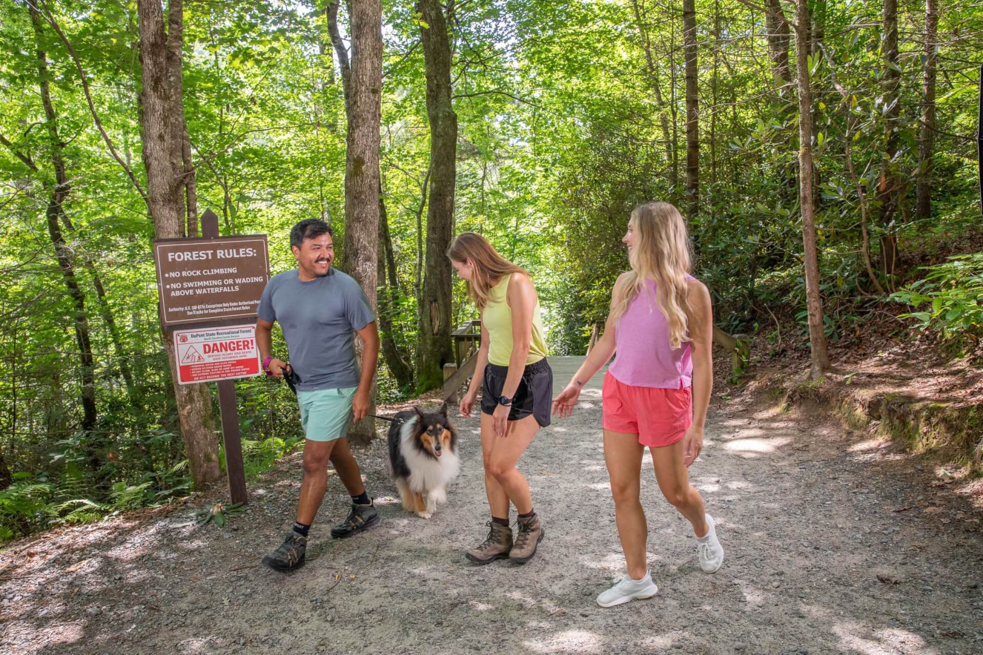 Three friends hike with a dog in DuPont State Recreational Forest near Cedar Mountain, NC