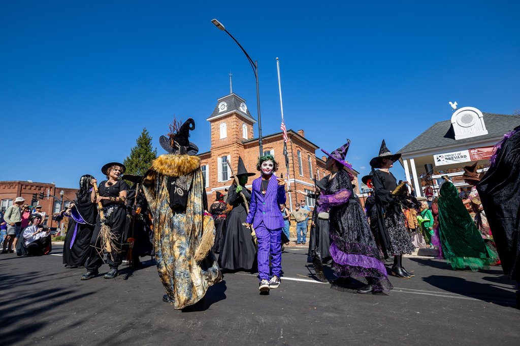 Group of witches doing a flashmob at Halloweenfest in Downtown Brevard to celebrate Halloween