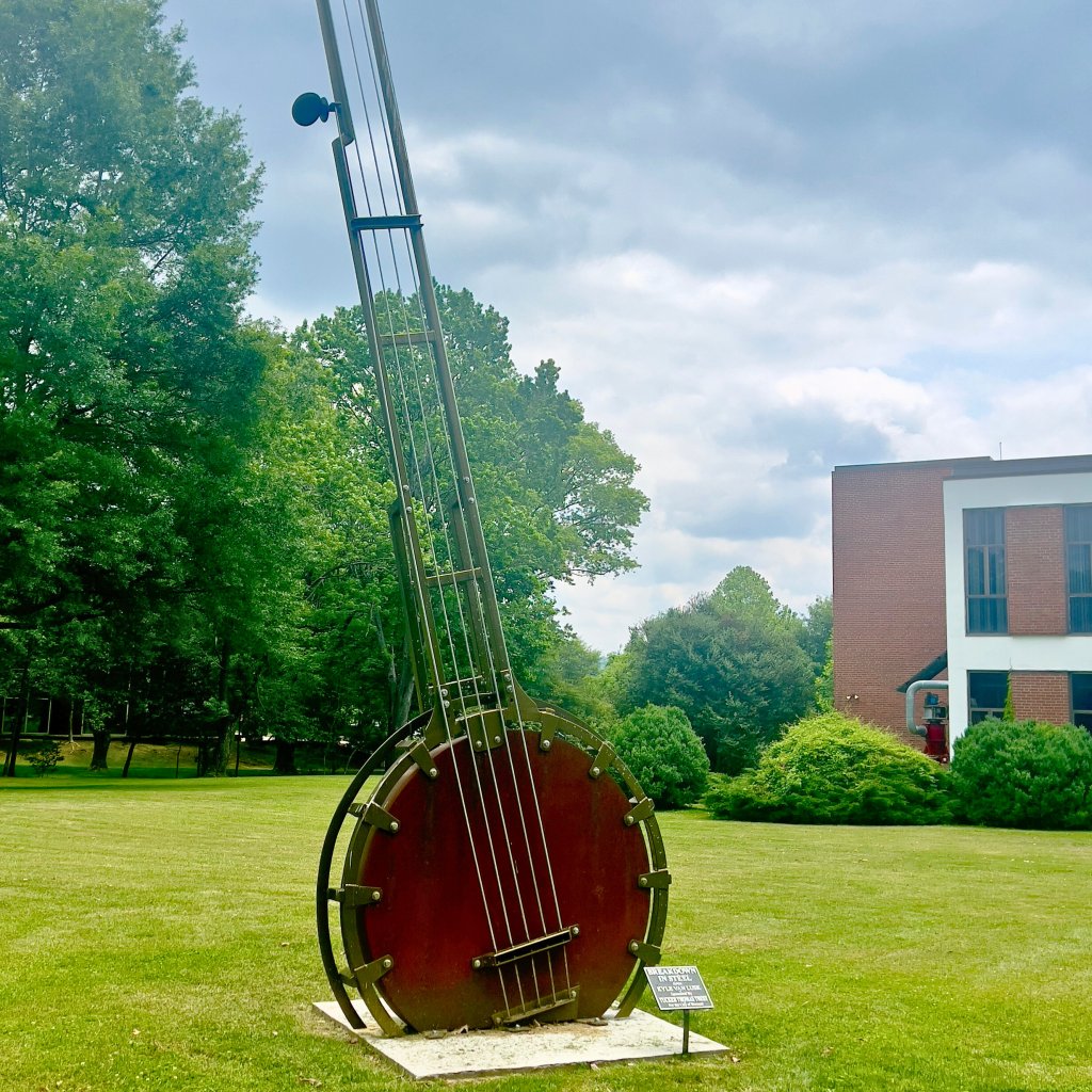 Banjo sculpture at Brevard College on the Brevard Sculpture Walk