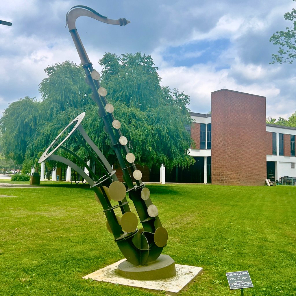 Saxophone sculpture at Brevard College on the Brevard Sculpture Walk