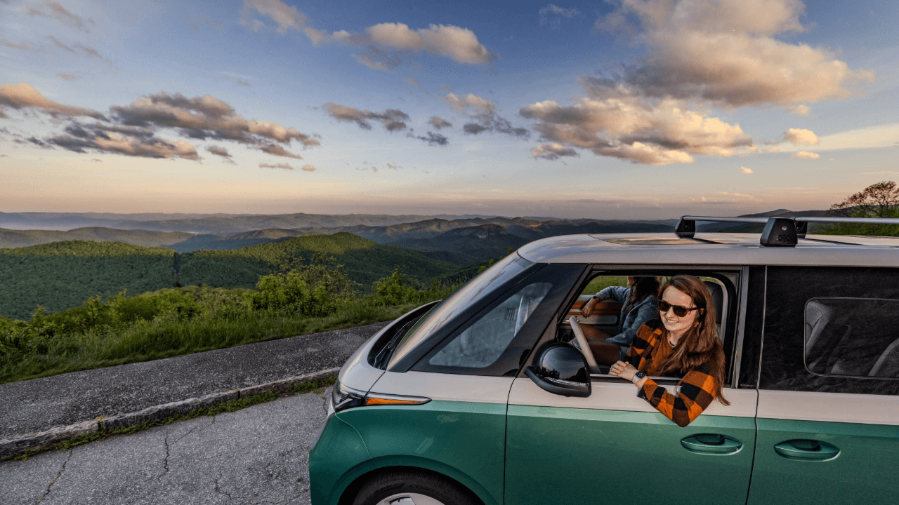 Woman in a van on the Blue Ridge Parkway at Pounding Mill Overlook near Brevard, NC